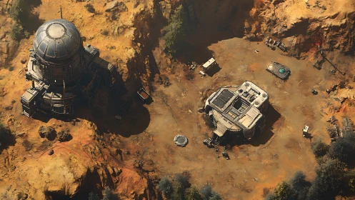 Isometric desert outpost with domed sci fi reactor and base.
