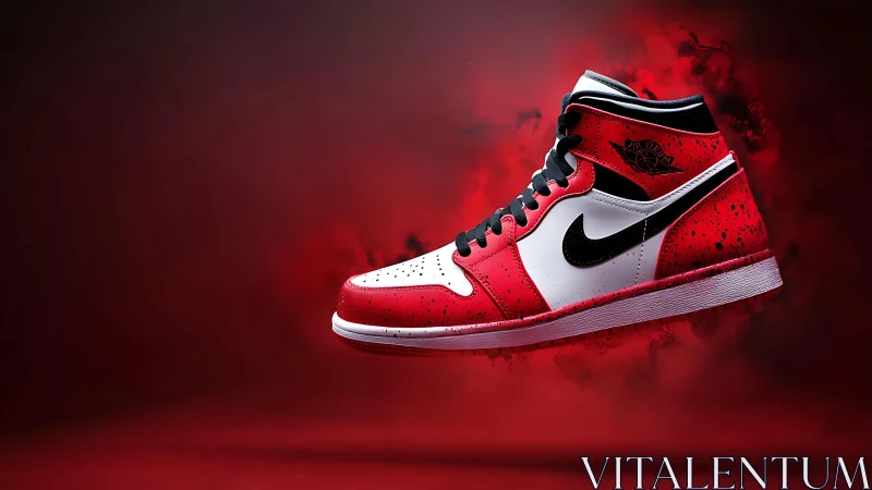 Bold red high-top sneaker floats in a dramatic glowing scene