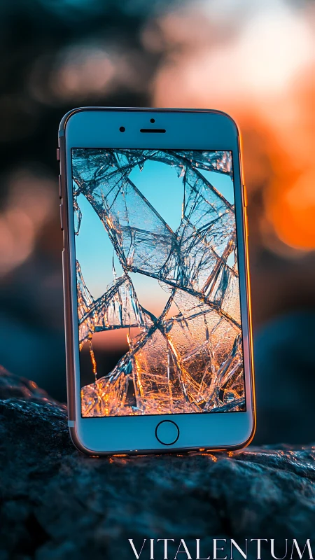Shattered sunset screen turning broken glass into firelight.