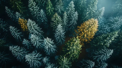 Frost kissed evergreens circling quiet golden forest secrets.