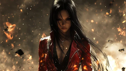 Firelit femme antihero in red leather jacket amid explosions