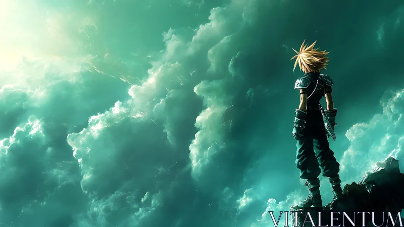 Spiky haired warrior overlooking luminous storm cloud horizon