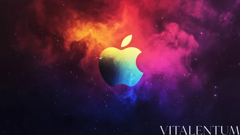 Glowing rainbow apple drifting through a dreamy cosmic sky.