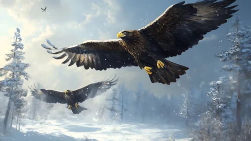 Majestic eagles soaring over snowy forest in realistic digital art.