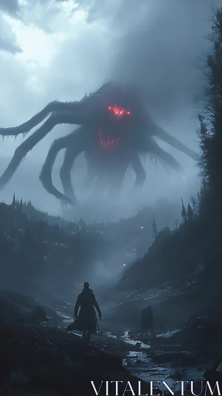 Lone wanderer confronts colossal red eyed void beast in fog