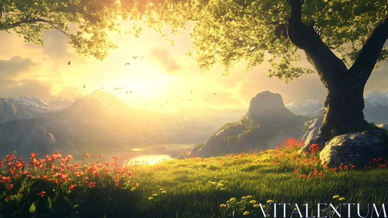 Sunlit valley landscape with lone tree and distant peaks.