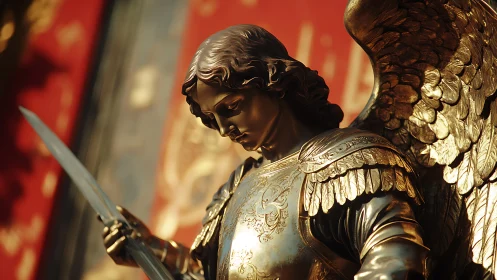 Golden winged angel statue gazes down with quiet strength