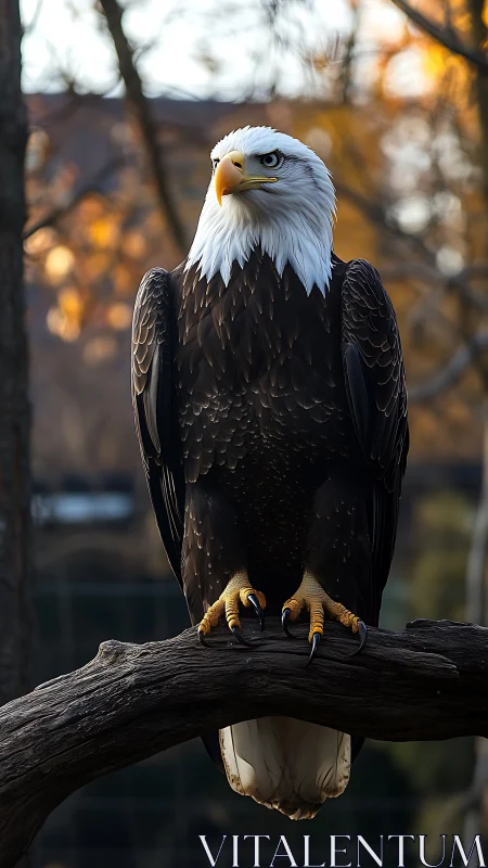 Bald eagle perched on branch in soft autumn light.