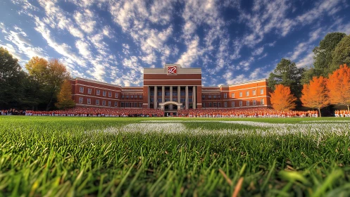 College stadium lawn frames brick campus under streaked sky.