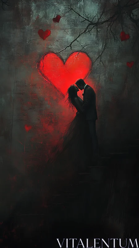 Silhouetted Figure Embracing Luminous Red Heart Against Dark Wall.