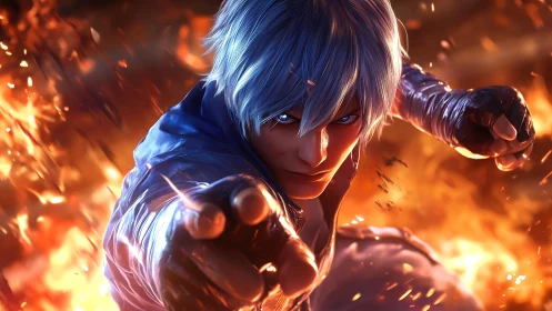 Blue-haired fighter extends gloved fist amid surrounding flames