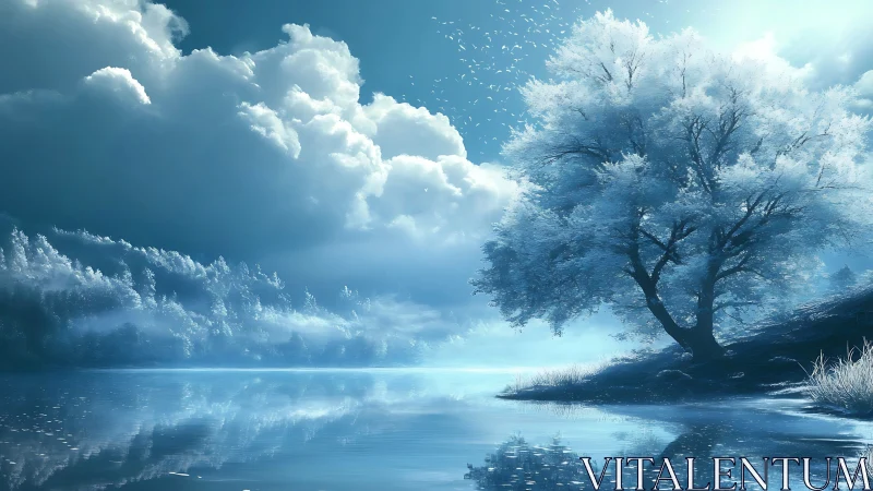 Cryogenic lakeside arboreal silhouette under volumetric clouds.