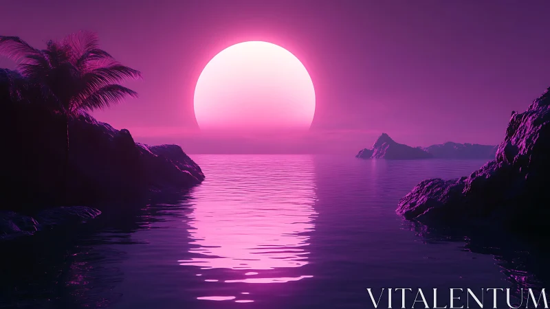 Neon tropical sunset over calm ocean with glowing horizon.