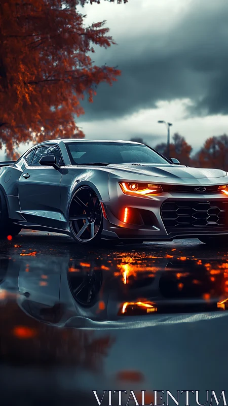 Low-angle autumn supercar portrait with wet asphalt reflections