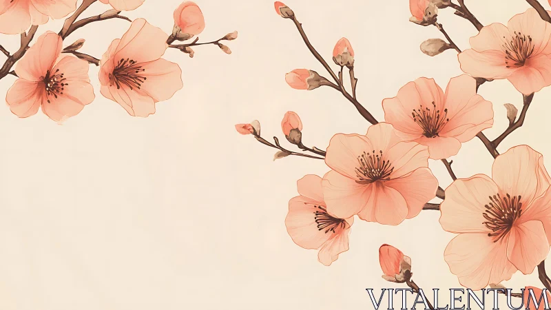 Delicate coral cherry blossoms rendered in soft botanical illustration style.