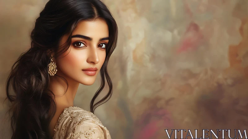 Golden gaze in silk, poised against a whispering canvas.