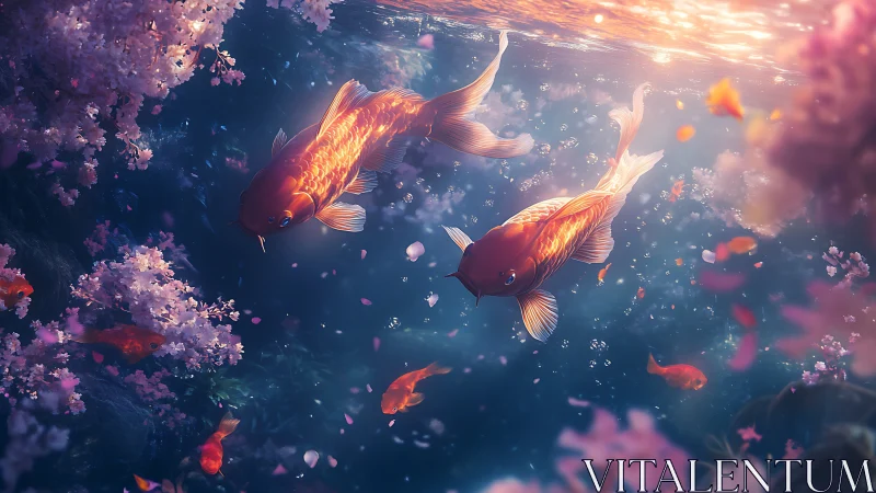 Golden koi glide through dreamy petals in soft evening light