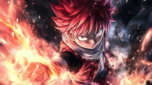 Blazing anime hero launches a fiery punch with fierce resolve