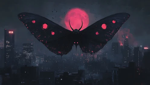 Brooding lunar moth rising over a neon city skyline.