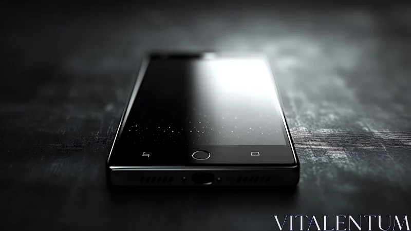Modern black smartphone on reflective textured surface.