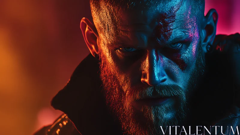 Neon-lit warrior locks gaze under dramatic split lighting.