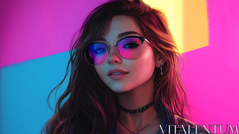 Neon-lit girl portrait with reflective gradient glasses.