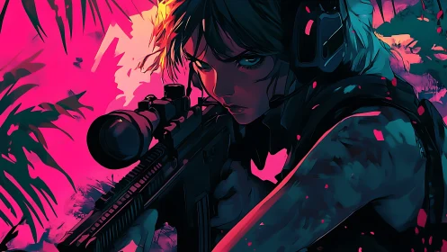 Neon jungle sniper in high-contrast cyberpunk illustration.