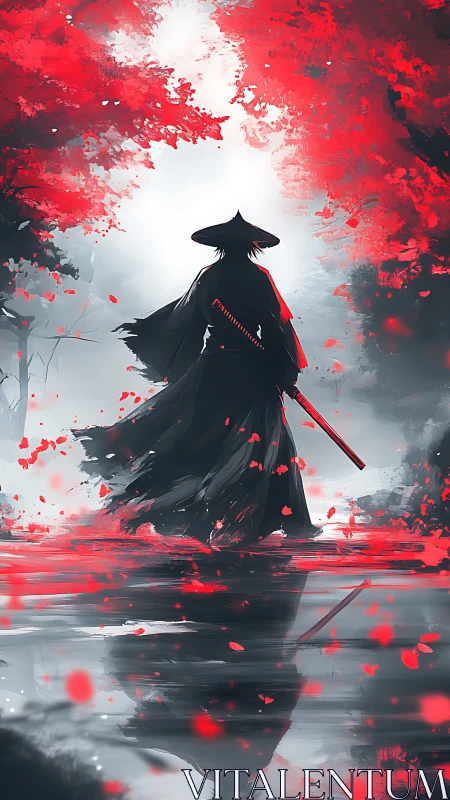 Lone wanderer in crimson forest reflections at dawn.