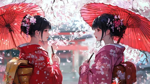 Two women in kimono under red umbrellas with cherry blossoms.