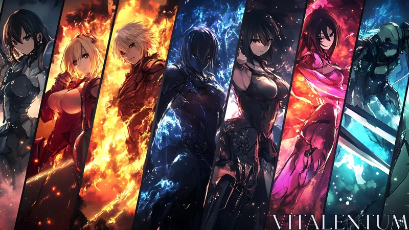 Elemental cyber warriors aligned in dynamic anime panels.