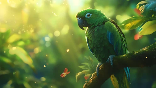 Vibrant green parrot on branch in dreamy sunlit rainforest scene.