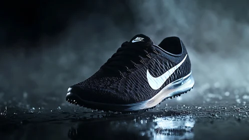 Black Nike running shoe in dramatic studio spotlight.