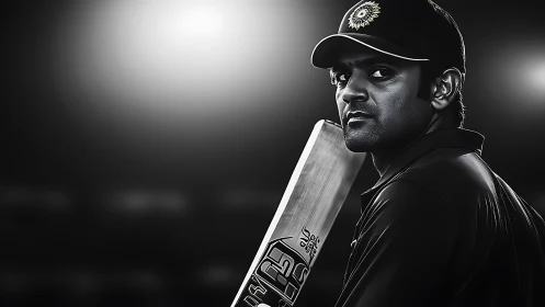 Cricket player holds bat under stadium floodlights at night