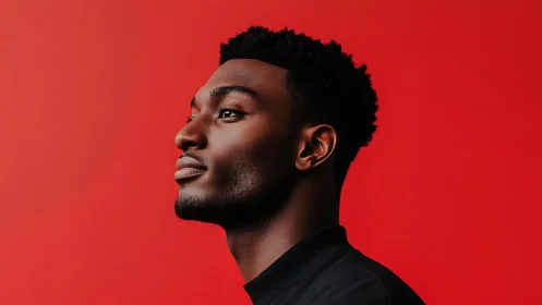 Side profile portrait of man against solid red backdrop.