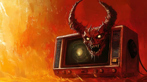 Demonic horned skull emerging from vintage television set.