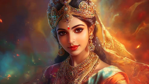 Digital portrait of jeweled Indian queen in glowing bokeh field