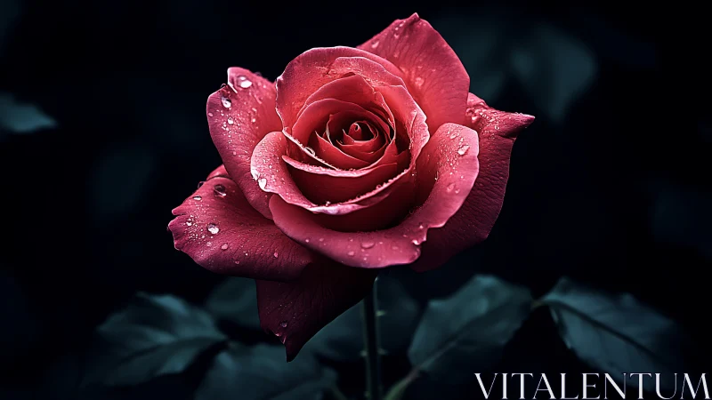 Deep Red Rose with Water Droplets Against Dark Foliage