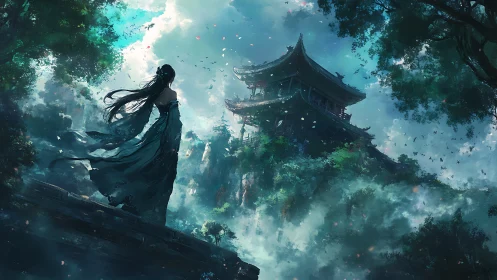 Mystic cliff temple with lone robed figure in stormlight.