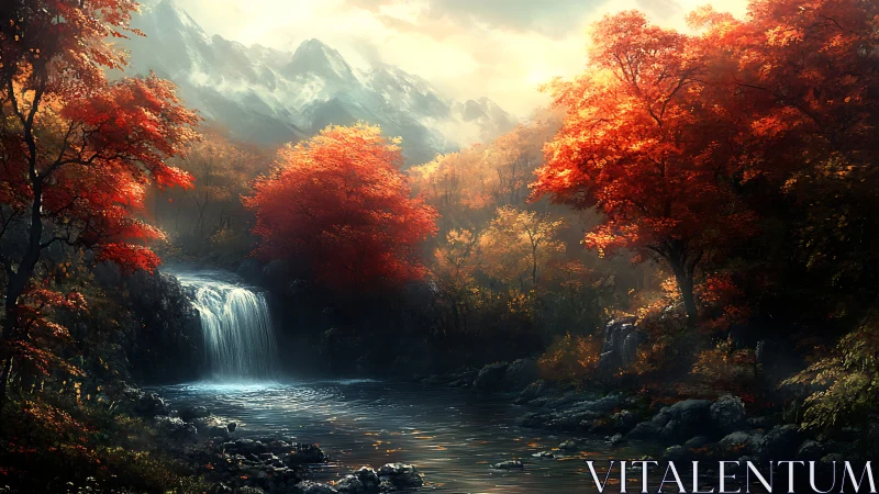 Autumn waterfall valley under glowing mountain light.