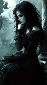 Melancholic gothic girl in dark forest setting at dusk.