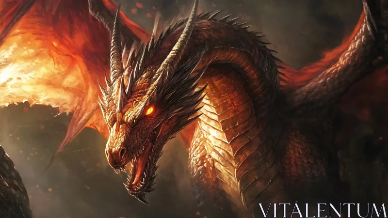 Infernal wyrm ascending through molten twilight skies.