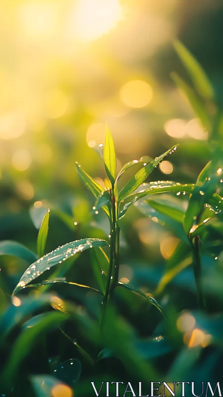 Sunlit dew-kissed sprout rising through soft golden haze.