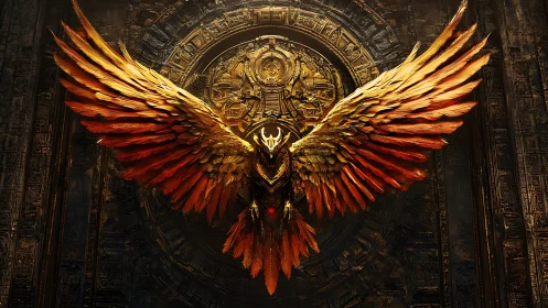 Golden mechanical winged guardian against ornate wall.