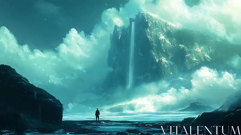 Monolithic ice waterfall plateau dwarfs solitary human observer