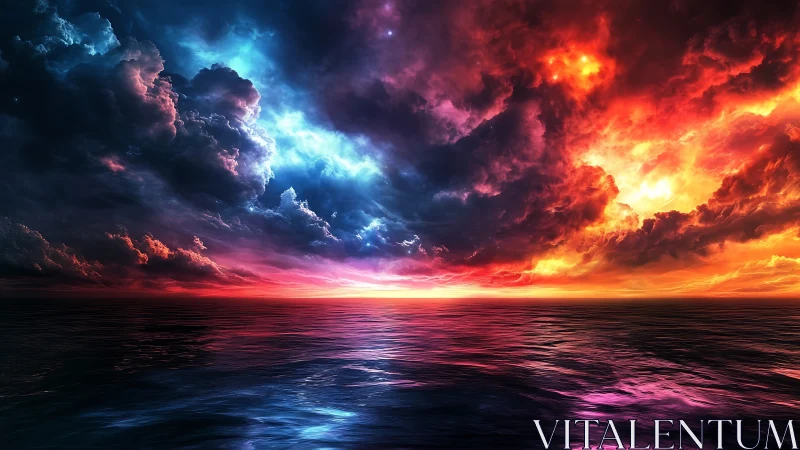 Dual-colored storm sky ignites a reflective ocean horizon.