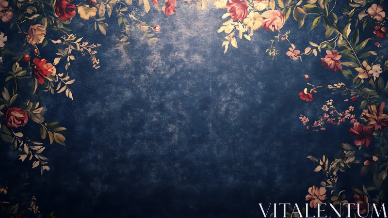 Bloom-framed midnight blue wall beckons quiet stories.