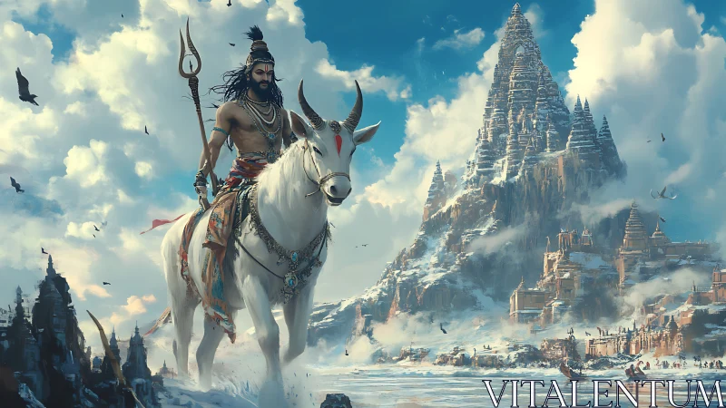 Mythic warrior rides sacred bull before snow-clad temple city
