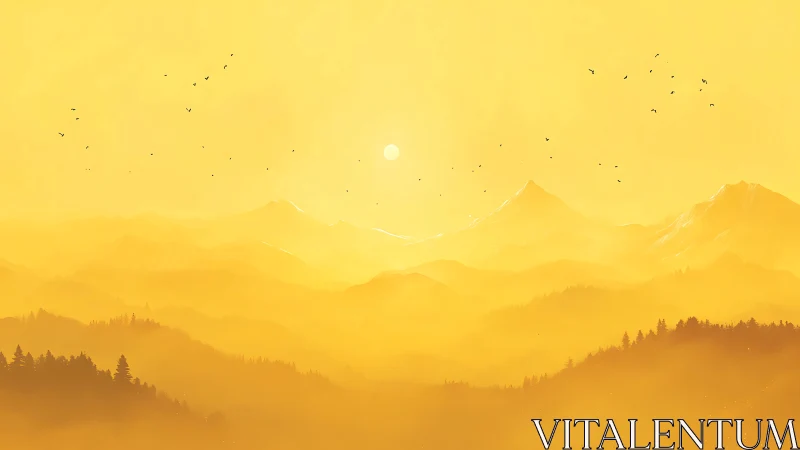 Layered mountain landscape in uniform yellow haze at sunrise.