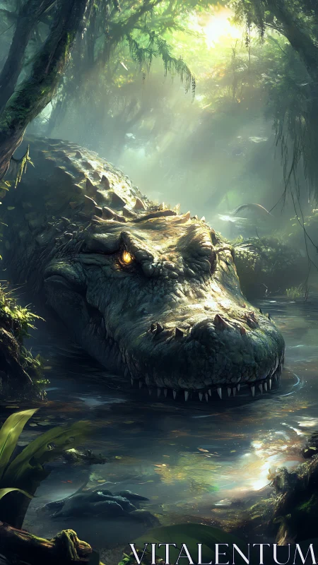 Gentle jungle giant resting in a sunlit emerald swamp.