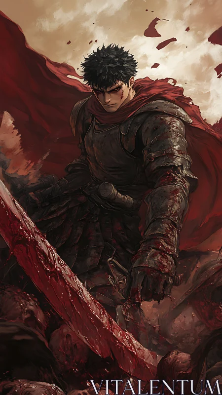 Grim warrior stands tall with a bloodied sword and torn cloak